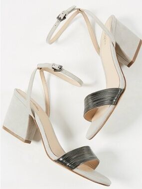 BOTKIER Persi Ivory Strappy Ankle-Strap Block Heel Sandals w Metallic Strap